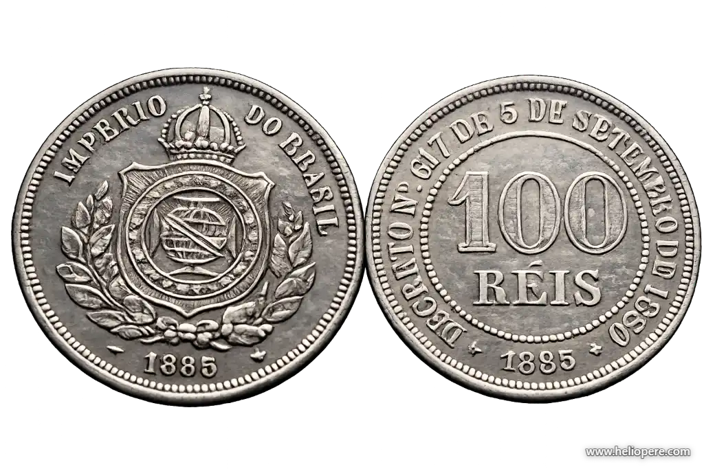 Moeda de 100 réis de 1885, o tostão do império de D. Pedro II