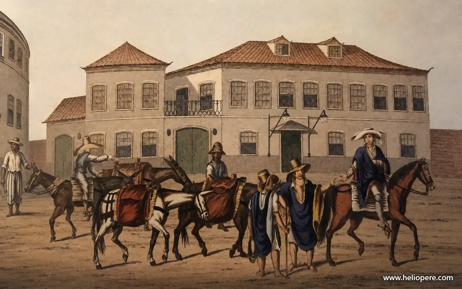 Gravura de Henry Chamberlain de 1822 mostrando uma tropa carregada numa rua do Rio de Janeiro, então capital do reino